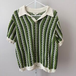 KOTN sz M Crochet Polo Shirt Green White Striped Short Sleeve Preppy Minimalist